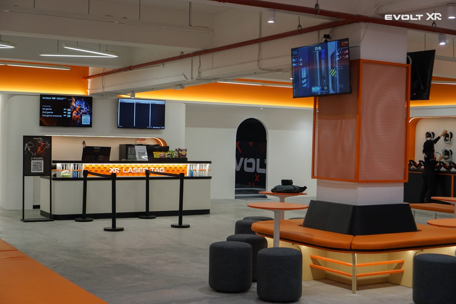 Evolt XR lobby, lounge seating, and service area